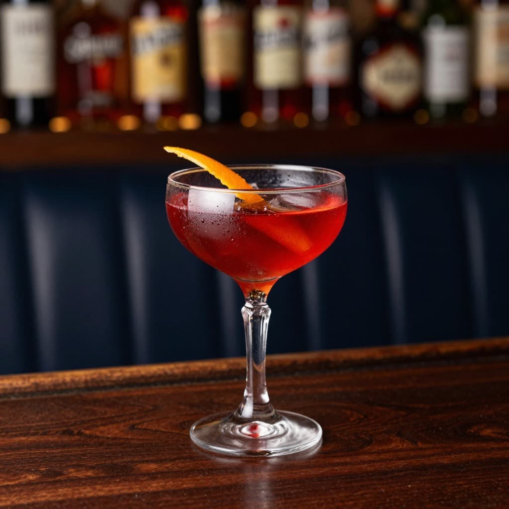 A Boulevardier cocktail in a cocktail glass