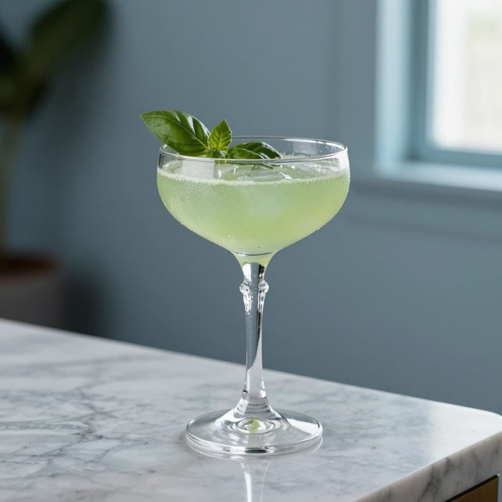 A Gin Basil Smash cocktail in a cocktail glass