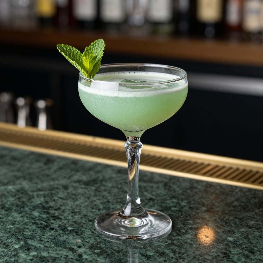 A Grasshopper cocktail in a cocktail glass